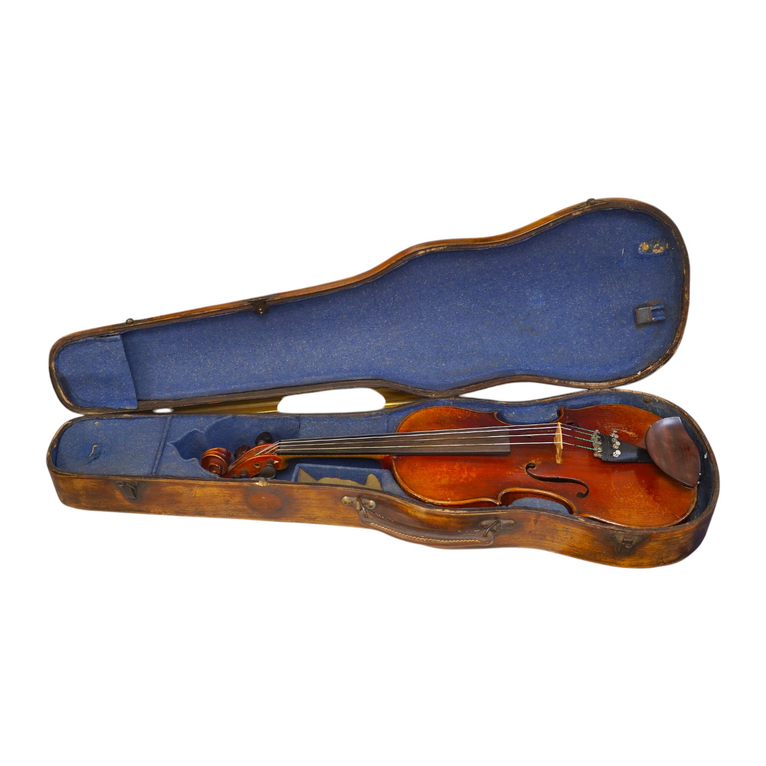 A late 19th century violin, bears fake Stradivarius label, cased, back measures 36cm. Condition - fair